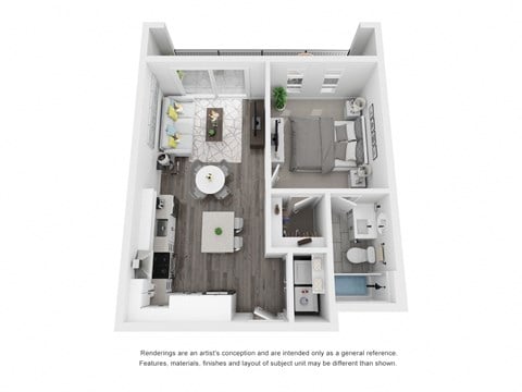 Floor plan for 1 bed, 1 bath, 708 sqft